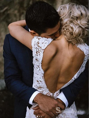 Mermaid V neck Cap Sleeve Rustic Lace Wedding Dresses Backless Bridal Gowns MHL153|Selinadress