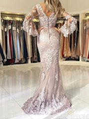 Mermaid V neck Lace Long Sleeve Prom Dresses Cheap Evening Dress MHL161|Selinadress