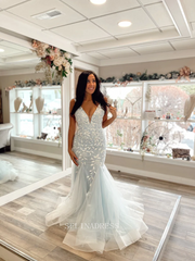 Mermaid V neck Light Sky Blue Long Prom Dress Applique Formal Dresses Evening Dress KPY045|Selinadress