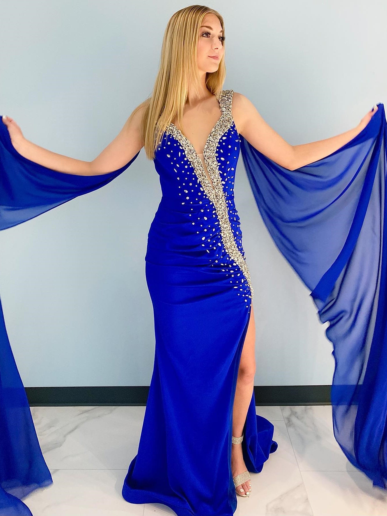 Mermaid V neck Royal Blue Prom Dress Rhinestone Long Evening Gowns #POL136|Selinadress