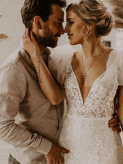 Mermaid V neck See Through Wedding Dresses Lace Rustic Bridal Gowns CBD096|Selinadress