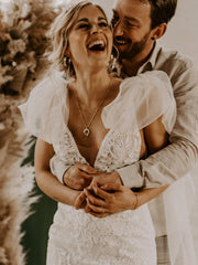 Mermaid V neck See Through Wedding Dresses Lace Rustic Bridal Gowns CBD096|Selinadress