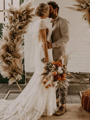 Mermaid V neck See Through Wedding Dresses Lace Rustic Bridal Gowns CBD096|Selinadress