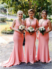 Mermaid V neck Watermelon Bridesmaid Dress Cheap Long Bridesmaid Dress BRD006|Selinadress