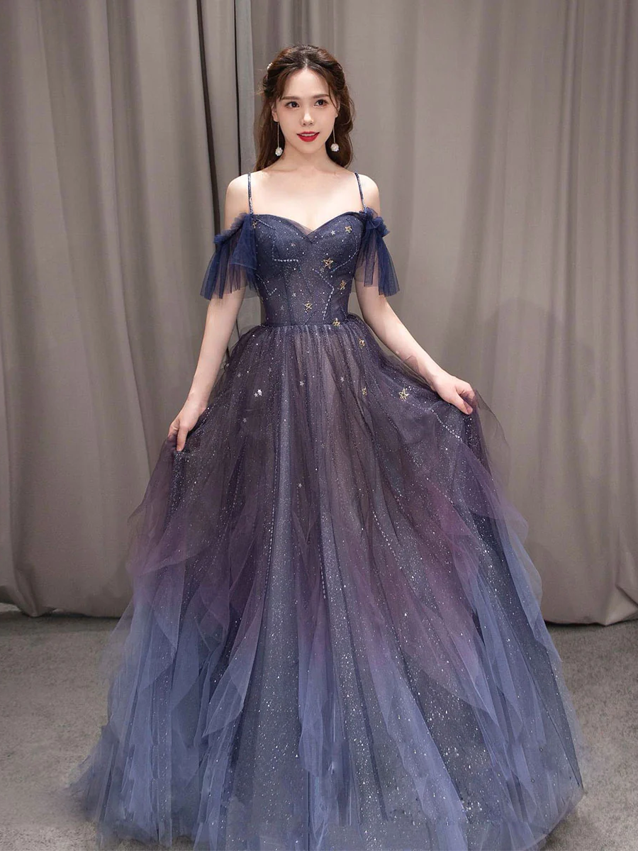 Navy Blue Tulle Long Prom Dress A-line Navy Blue Formal Party Dresses Graduation Dresses LO9321|Selinadress