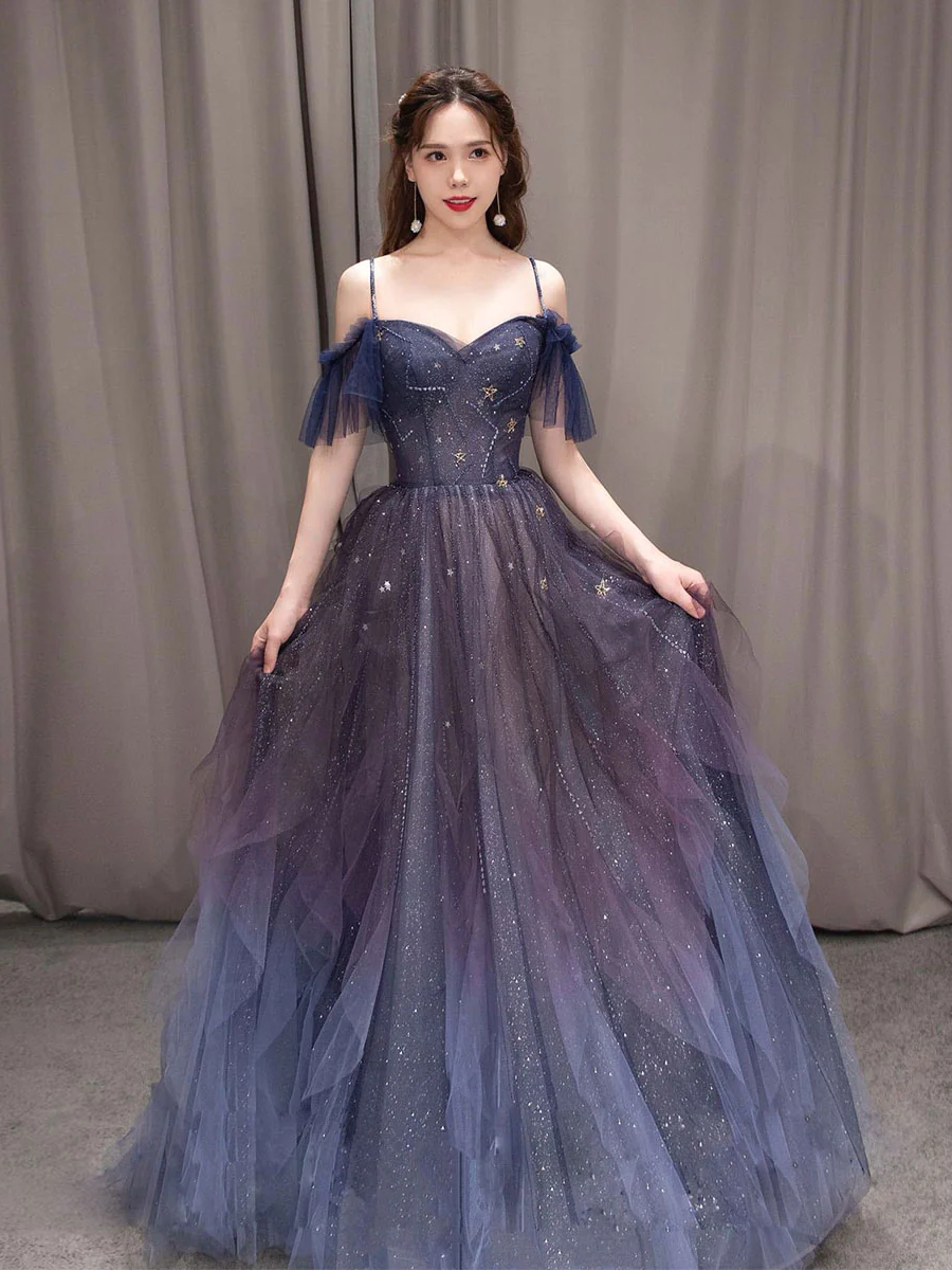 Navy Tulle Long Prom Dress A-line Navy Blue Formal Party –