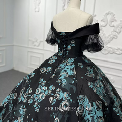 Off Shoulder Black Pattern Prom Evening Ball Gown Wedding Dress LS9534 Selinadress