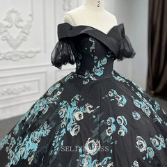 Off Shoulder Black Pattern Prom Evening Ball Gown Wedding Dress LS9534 Selinadress