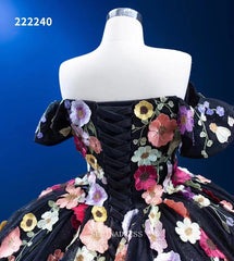 Off Shoulder Colorful Flowers Ball Gown Prom Dress Black Pageant Dress RSM222240|Selinadress