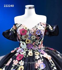 Off Shoulder Colorful Flowers Ball Gown Prom Dress Black Pageant Dress RSM222240|Selinadress