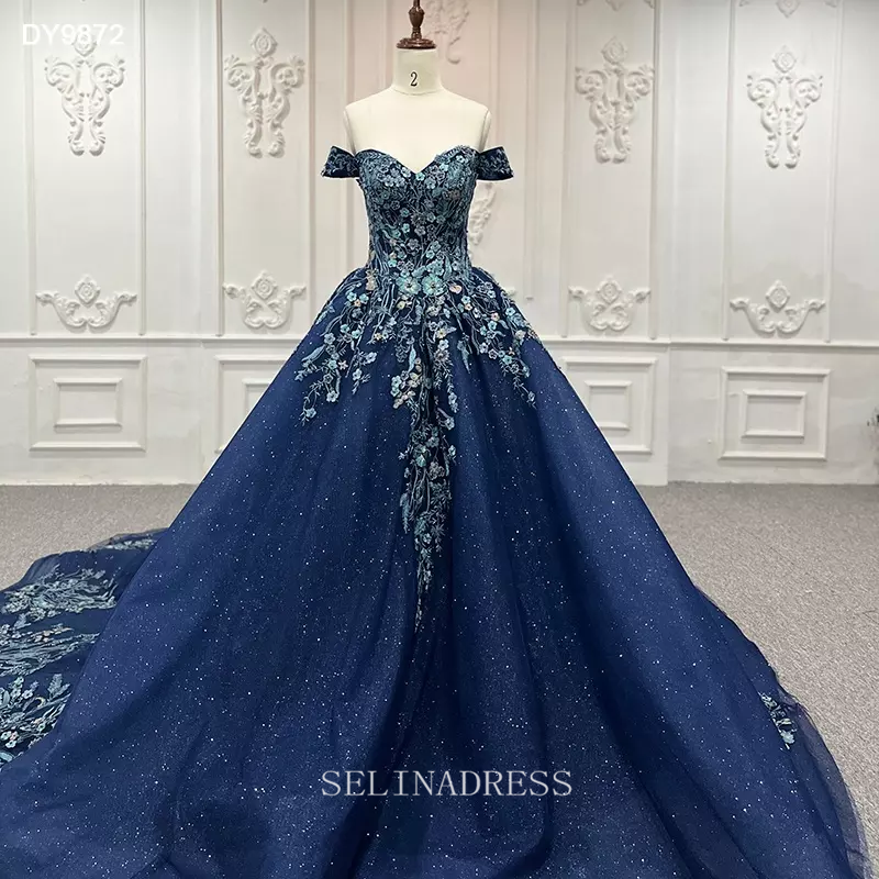Off Shoulder Sweetheart Blue Glitter Ball Gown Embroidery Evening Dress Plus Size Dress LS9872 Selinadress