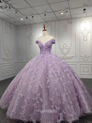 Off-the-shoulder 3D Floral Lace Long Formal Dress Lilac Quinceanera Ball Gown Evening Dresses MLH06986|Selinadress