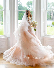 Blush Pink Pleated Cathedral Veils With Blusher VV01