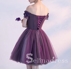 Off-the-shoulder Grape Lace Homecoming Dress Cute Short Prom Dress HML006|Selinadress