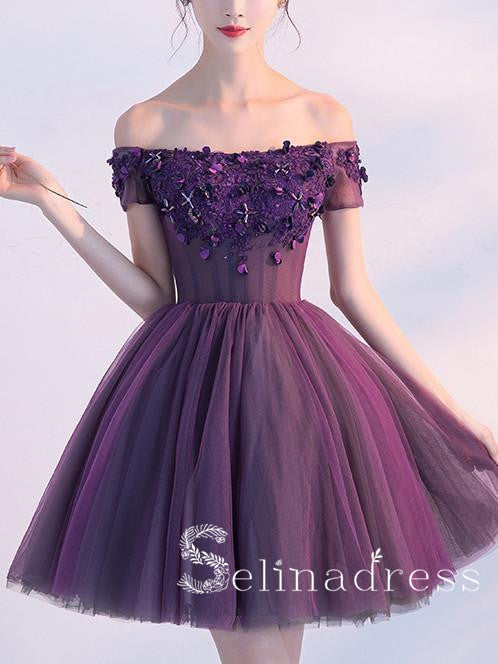 Off-the-shoulder Grape Lace Homecoming Dress Cute Short Prom Dress HML006|Selinadress