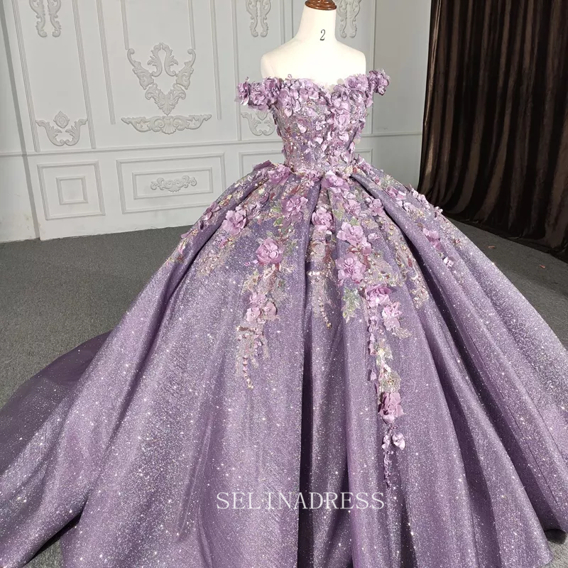 Off The Shoulder Lilac Princess Ball Gown Floral Prom Dress Pageant Dress DY1115|Selinadress