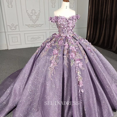 Off The Shoulder Lilac Princess Ball Gown Floral Prom Dress Pageant Dress DY1115|Selinadress