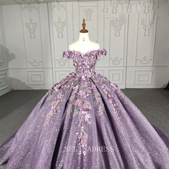 Off The Shoulder Lilac Princess Ball Gown Floral Prom Dress Pageant Dress DY1115|Selinadress