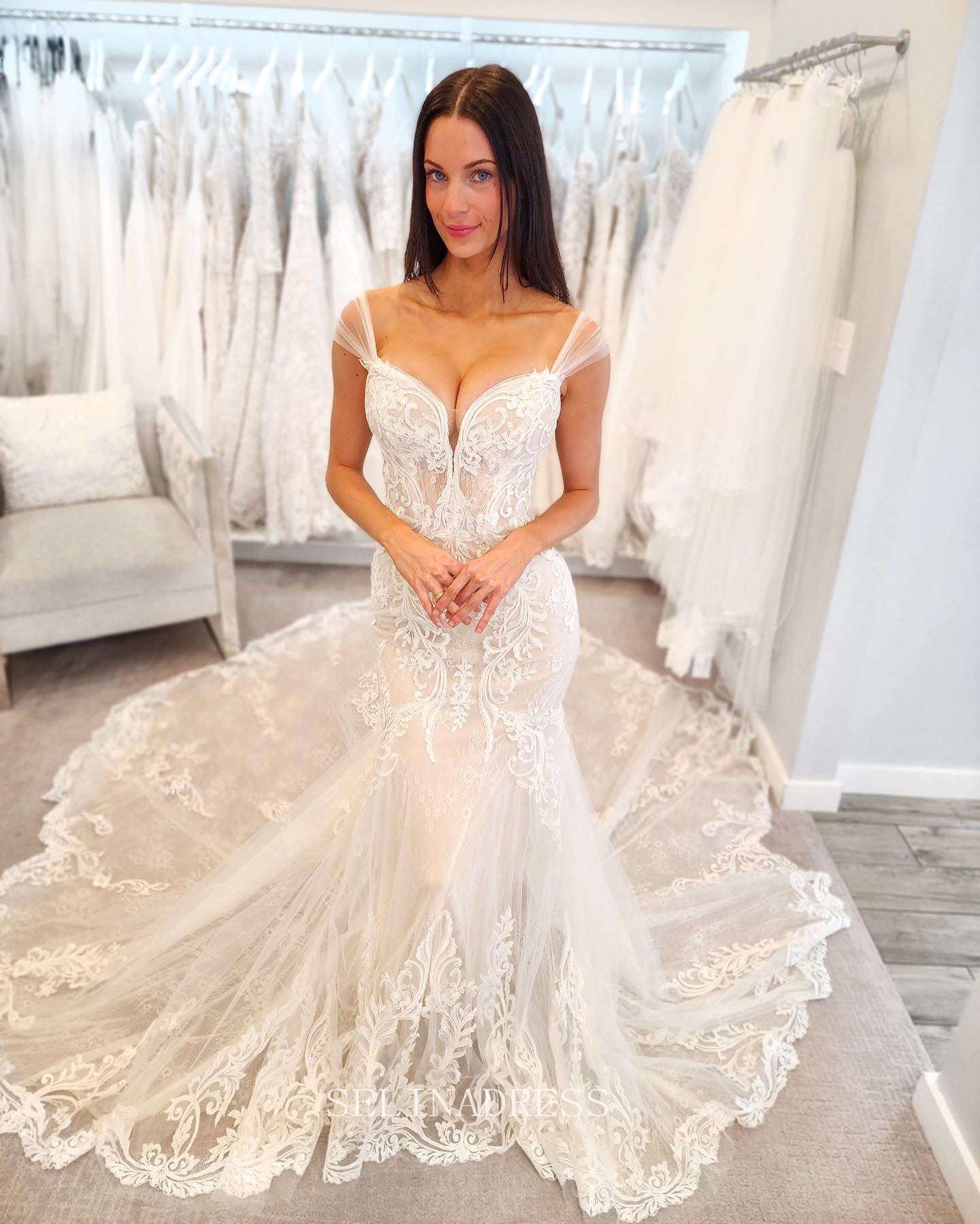 Off-the-shoulder Mermiad Wedding Dresses Rustic Lace Wedding Dress KPY067|Selinadress