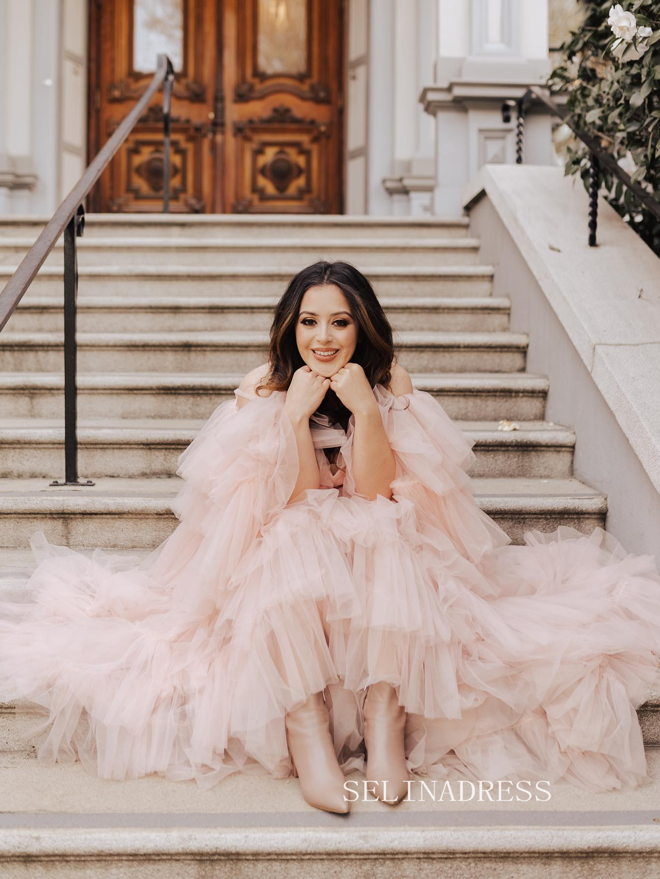 Off-the-shoulder V neck Lemonade Photography Costumes Pink Long Prom Dress Formal Dress JKSS508|Selinadress