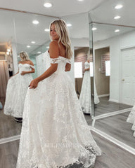 Off-the-shoulder White long Prom Dress A-line Lace Cheap Formal Dresses Bridal Dress KPY004|Selinadress