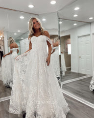 Off-the-shoulder White long Prom Dress A-line Lace Cheap Formal Dresses Bridal Dress KPY004|Selinadress