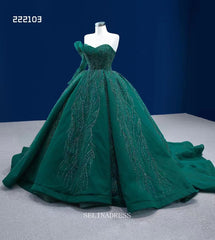 One Shoulder Dark Green Prom Dress Ball Gown Beaded Pageant Dress RSM222103|Selinadress