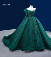 One Shoulder Dark Green Prom Dress Ball Gown Beaded Pageant Dress RSM222103|Selinadress