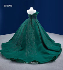 One Shoulder Dark Green Prom Dress Ball Gown Beaded Pageant Dress RSM222103|Selinadress