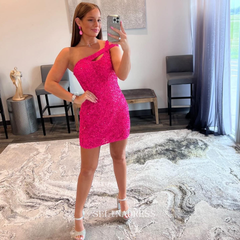 One Shoulder Fuchsia Short Prom Dress Sparkly Sequins Homecoming Dresses Hoco Dresses Pageant Dresses #TKL083|Selinadress