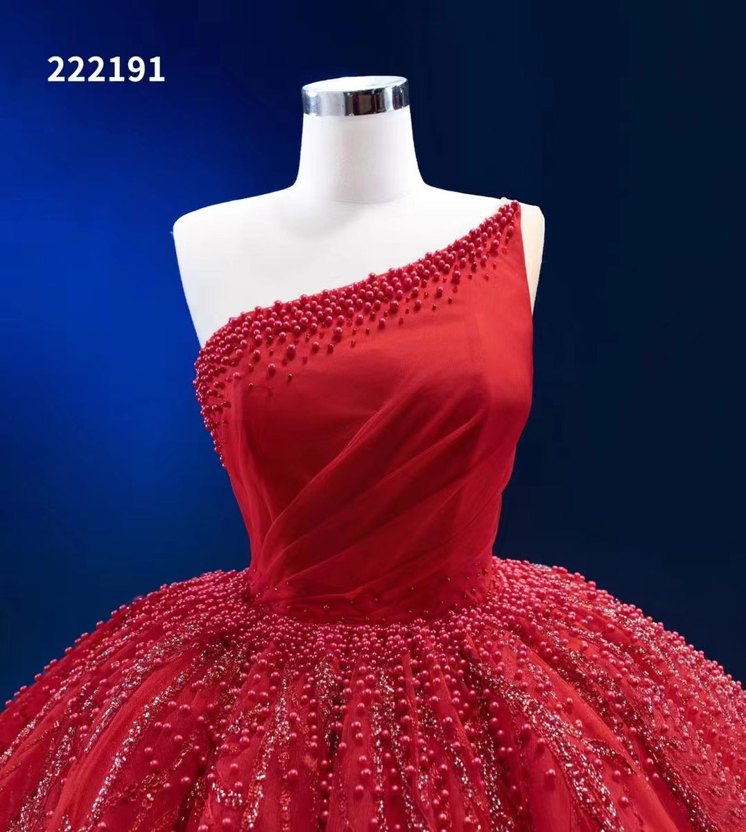 One Shoulder Red Beaded Long Formal Dress