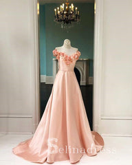 Pearl Pink Long Prom Dresses Applique Sweep/Brush Train Vintage Formal Dress Evening Gowns SED140|Selinadress