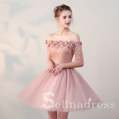 Pearl Pink Pretty Homecoming Dresses Off-the-shoulder Tulle Cheap Short Prom Dress HML001|Selinadress