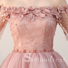 Pearl Pink Pretty Homecoming Dresses Off-the-shoulder Tulle Cheap Short Prom Dress HML001|Selinadress