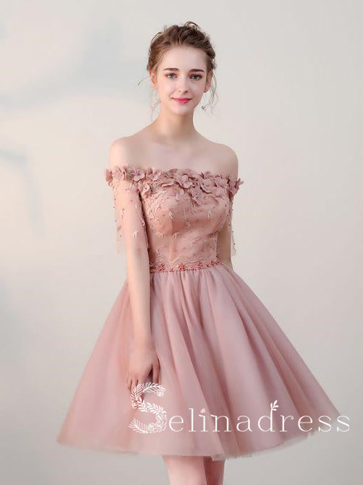 Pearl Pink Pretty Homecoming Dresses Off-the-shoulder Tulle Cheap Short Prom Dress HML001|Selinadress