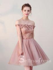 Pearl Pink Pretty Homecoming Dresses Off-the-shoulder Tulle Cheap Short Prom Dress HML001|Selinadress