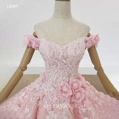 Pink Off Shoulder Lace Princess Plus Size Ball Gown Bridal Evening Dresses LS001 Selinadress