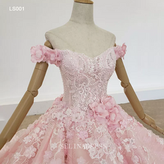 Pink Off Shoulder Lace Princess Plus Size Ball Gown Bridal Evening Dresses LS001 Selinadress