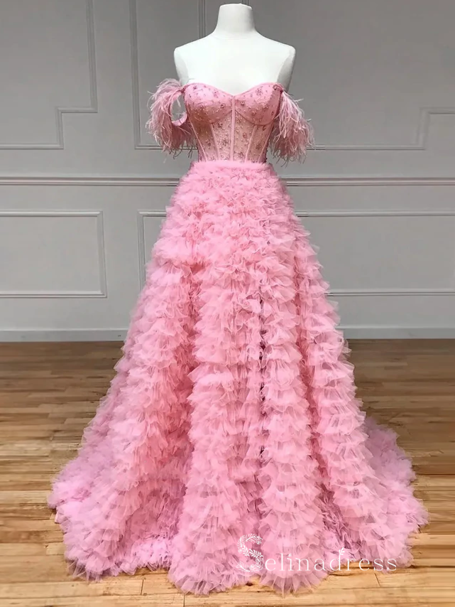 Pink Off-the-shoulder Beaded Prom Dress Long Beautiful Lace Evening Gowns POL001|Selinadress