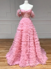 Pink Off-the-shoulder Beaded Prom Dress Long Beautiful Lace Evening Gowns POL001|Selinadress