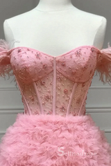 Pink Off-the-shoulder Beaded Prom Dress Long Beautiful Lace Evening Gowns POL001|Selinadress