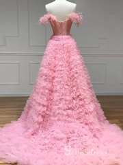 Pink Off-the-shoulder Beaded Prom Dress Long Beautiful Lace Evening Gowns POL001|Selinadress