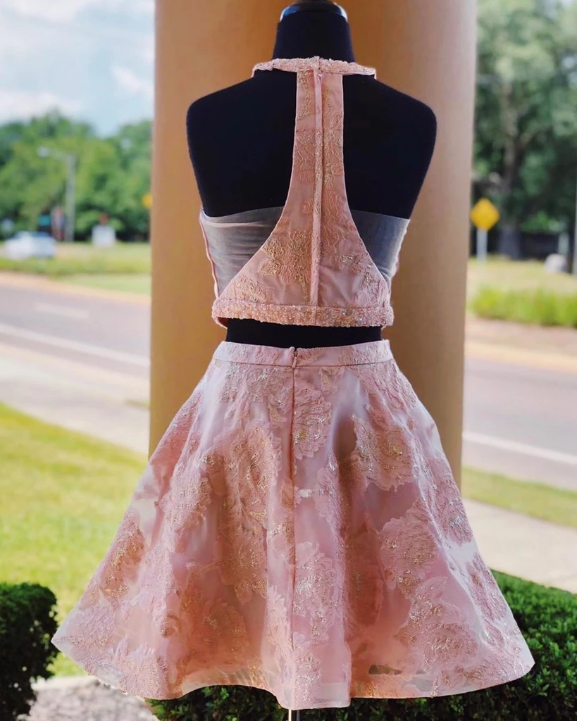 Pink Two Piece Homecoing Dress Cute Embroidery Short Graduation