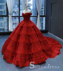 Real Picture Red Multi-layered Lace Formal Prom Dress Quinceanera Evening Dress SED069