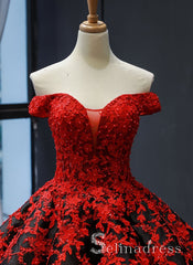 Real Picture Red Satin Off The Shoulder Appliqued Long Formal Prom Dress Ball Gown SED070