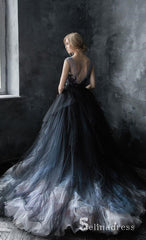 Romantic Black Wedding Dresses Modest Long Train Lace Ombre Wedding Gown SEW030|Selinadress