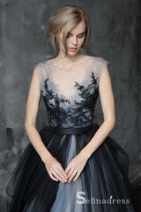 Romantic Black Wedding Dresses Modest Long Train Lace Ombre Wedding Gown SEW030|Selinadress