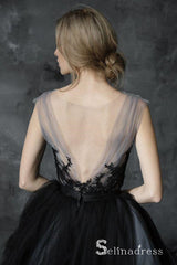 Romantic Black Wedding Dresses Modest Long Train Lace Ombre Wedding Gown SEW030|Selinadress