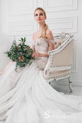 Romantic Mermaid Wedding Dresses Off-the-shoulder Cheap Lace Bridal Gown SEW024|Selinadress