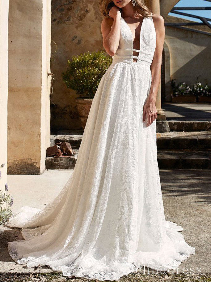Rustic Lace Wedding Dress V neck Backless Wedding Dress SEW016